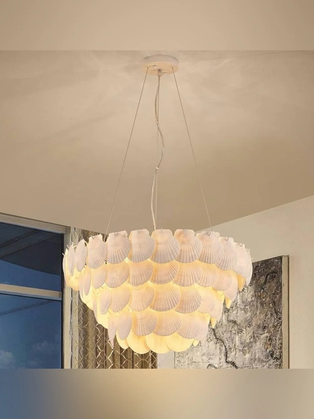 22.5” Natural Capiz Shell Chandelier 7-Light Coastal White Pendant Ceiling Light